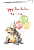 Birthday Customize Name Komodo Dragon Lizard with Party Hat and Balloo card