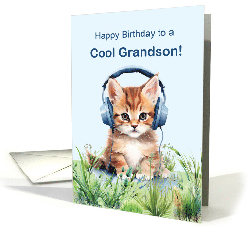 Cool Grandson Birthday Cat with Headphones card (1815778)