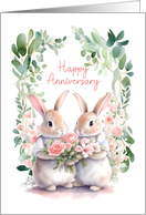 Wedding Anniversary Rabbits with Watercolor Flowers and Eucalyptus Bra card