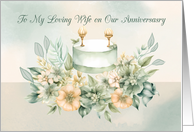 To Wife Anniversary Glasses on Table with Flowers Green Gold Color card