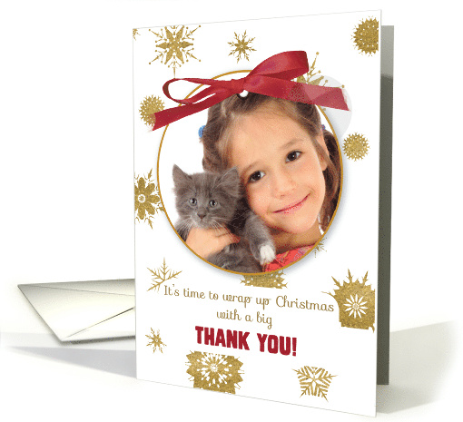 Thank You For Christmas Gift Photo Gold Snowflakes Red Ribbon card