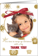 Thank You For Christmas Gift Photo Gold Snowflakes Red Ribbon card