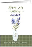 July Birthday Custom Name Birth Month Flower Larkspur card