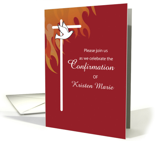 Confirmation Invitation White Cross and Dove on Red with Flame card