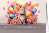 Birthday on Easter Rabbit Amid Flowers and Balloons card