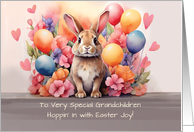 Grandchildren Easter Rabbit Amid Flowers and Balloons card