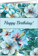 Tropical Birthday with Light Blue Hibiscus and Green Leaves card