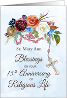 Custom Name Nun 15th Anniversary of Religious Life With Rosary Flowers card