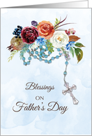 Catholic Fathers Day With Blue Rosary and Colorful Flowers card
