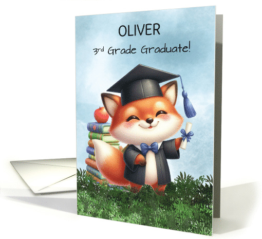 Customizable Name Third Grade Graduation Boy Fox Congratulations card