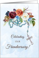 Friendiversary With Catholic Rosary and Colorful Flowers on Watercolor card