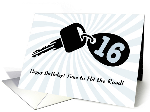 16 Year Old Birthday Blue Guy Car Keys and Keychain Black White card