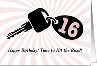 16 Year Old Pink Birthday Car Keys Keychain Black and White card