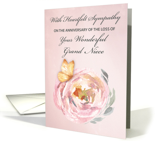Anniversary of Loss of Grand Niece Soft Butterfly on Pink Rose card