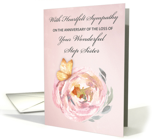 Anniversary of Loss of Step Sister Soft Butterfly on Pink Rose card
