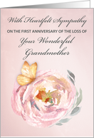 First Anniversary of Loss of Grandmother Soft Butterfly on Pink Rose card