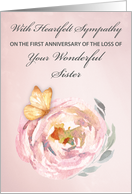 First Anniversary of Loss of Sister Soft Butterfly on Pink Rose card