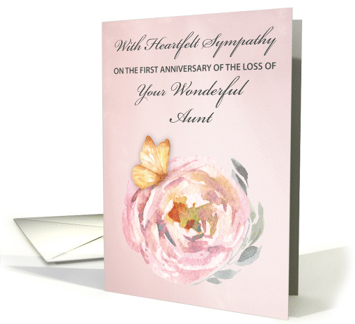 First Anniversary of Loss of Aunt Soft Butterfly on Pink Rose card