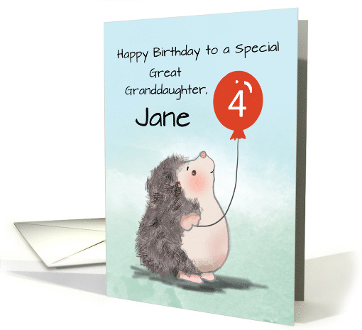 Great Granddaughter Custom Name 4th Birthday Hedgehog Balloon card