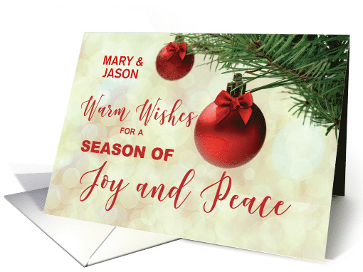 Custom Name Christmas Joy and Peace Tree Ornaments with Red Bow card
