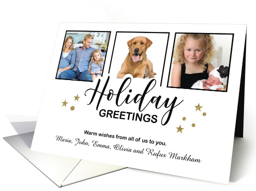 Holiday Greetings White 3 Photo Glitter Effect Christmas card