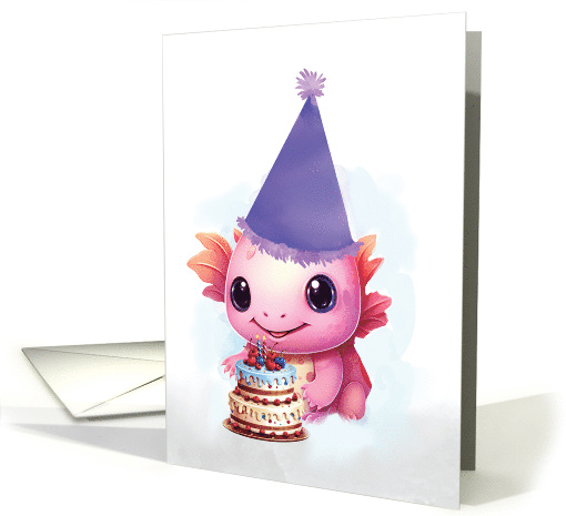 Birthday Cute Pink Axolotl with Purple Hat card (1890490)