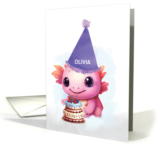 Custom Name Birthday Cute Pink Axolotl with Purple Hat card (1890492)