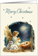 Merry Christmas Angel at Manger Light Background card