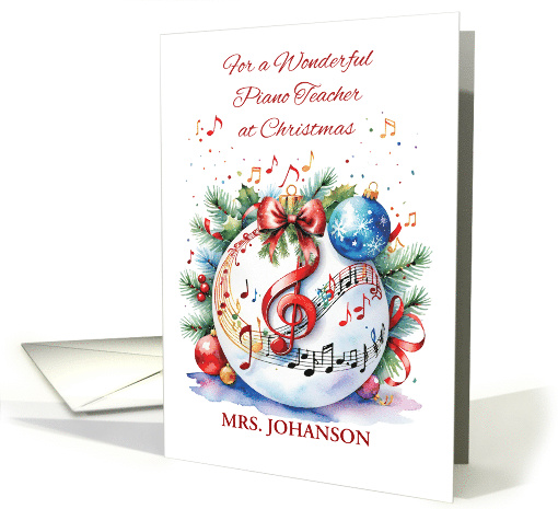 Piano Teacher Custom Name Christmas Ornament with Music Notes card