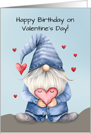 Birthday on Valentines Day Funny Gnome Wearing Denim card