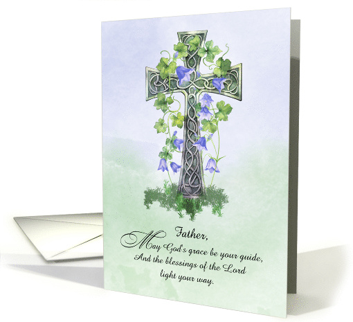 To Priest St Patricks Day Celtic Cross with Shamrocks Blessing card