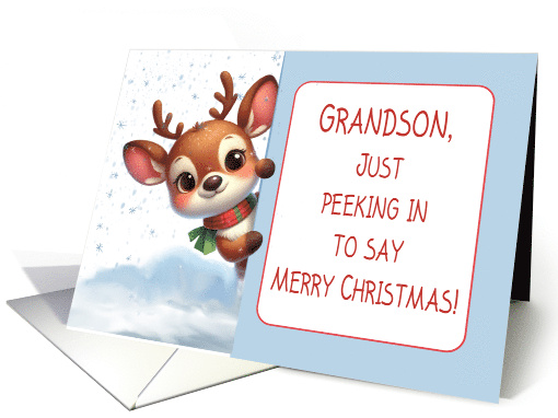 Grandson Reindeer in Snow Peeking in with Christmas Wishes card