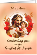Birthday on St Joseph Day Custom Name with Jesus and Red Roses card
