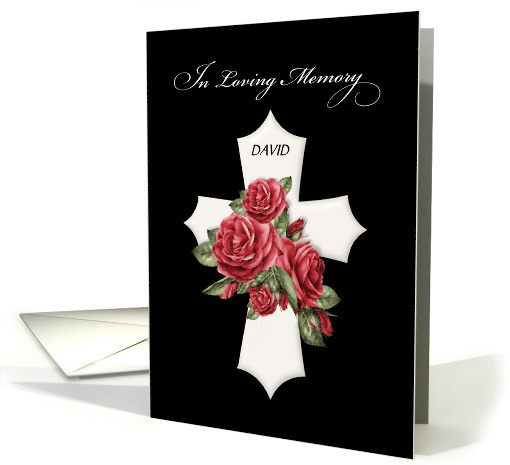 Custom Name Religious Sympathy Cross with Red Roses on Black card