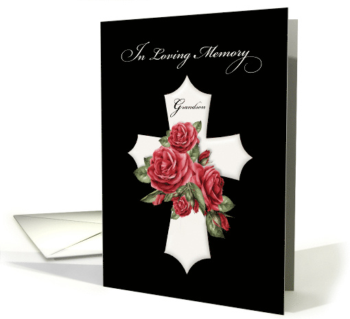 Grandson Religious Sympathy Cross with Red Roses on Black card