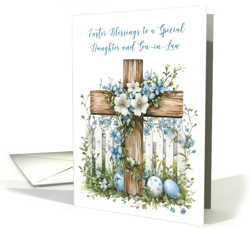 Easter Cross Daughter Son in Law White Fence Soft Blue Flowers card