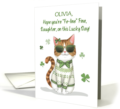 Daughter Custom Name Girl Cat Wearing Sunglasses St Patricks Day card