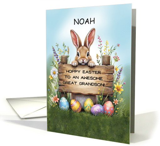 Great Grandson Custom Name Bunny in Grass With Easter Eggs card
