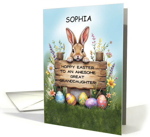 Great Granddaughter Custom Name Bunny in Grass With Easter Eggs card