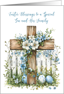 Son and His Family Easter Blessings White Fence Soft Blue Flowers card