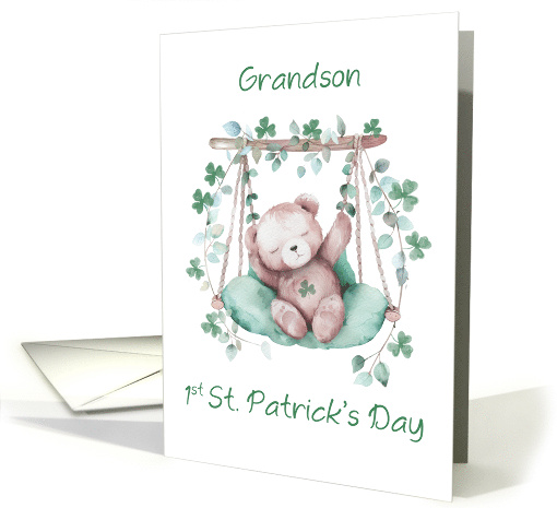 Grandson First St Patricks Day Sweet Bear on Swing with Shamrocks card