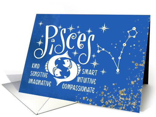 Zodiac Pisces Birthday With Sign Constellation and Traits card
