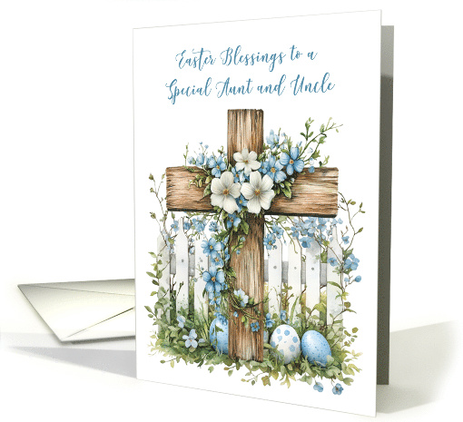 Aunt and Uncle Easter Cross White Fence Soft Blue Flowers card