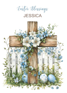 Customizable Name Easter Cross White Fence Soft Blue Flowers