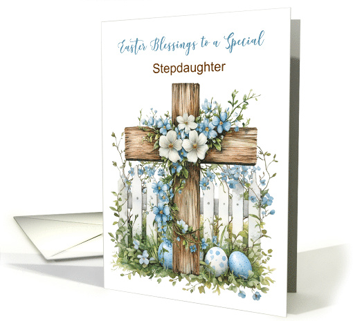 Custom Relationship Easter Cross White Fence Soft Blue Flowers card