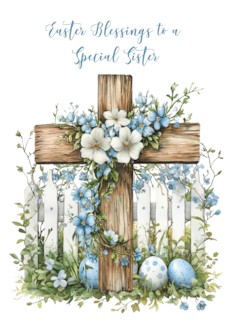 Catholic Nun Easter Blessings Cross White Fence Soft Blue Flowers