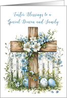 Deacon and Family Easter Blessings Cross White Fence Blue Flowers card