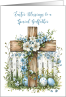 Godfather Easter Cross White Fence Soft Blue Flowers card