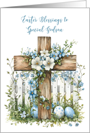 Godson Easter Cross White Fence Soft Blue Flowers card