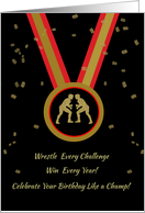 Wrestler Birthday Black Gold and Red Medal Champ card